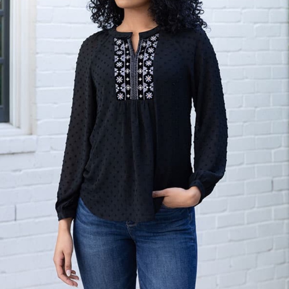 Cloth & Portrait Clip Dot V Neck Embroidered Long Sleeve Blouse Womens Size L